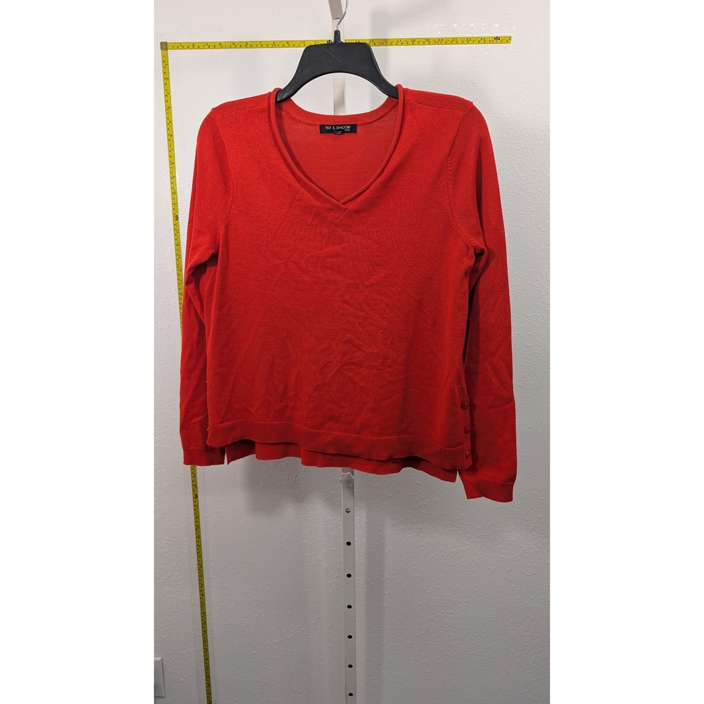Tint & Shadow Petite Red V-Neck Sweater Side Button Knit Top PS Womens